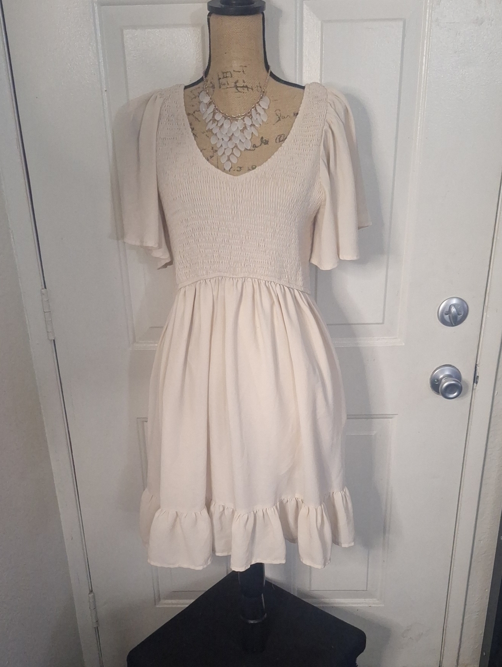 Cream Smocked Waist Flutter Sleeve Dress